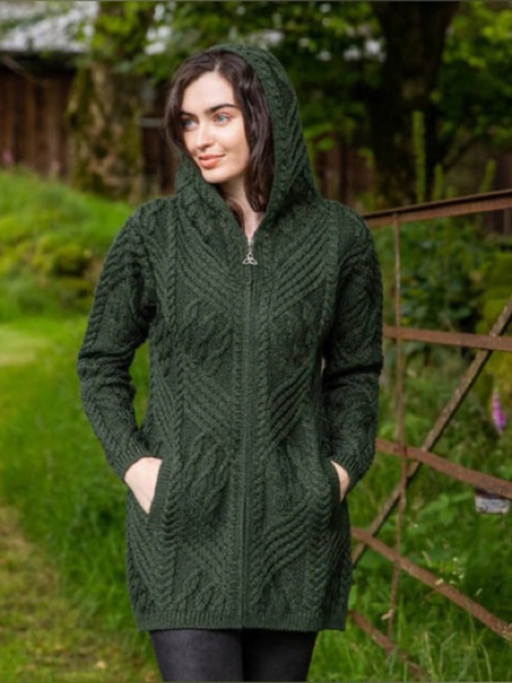 The Irish Store Inishmore Aran Zipper Cardigan Hooded 100% Wool Army Green Xs